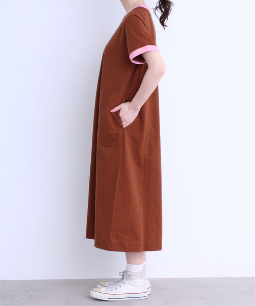 CHILD WOMAN（チャイルドウーマン）の「シルケット天竺 配色ワンピース（ワンピース・レディース・ブラック/サックスブルー/ブルー/ブラウン/レッド/イエロー/カーキ・FREE）」の21枚目の写真