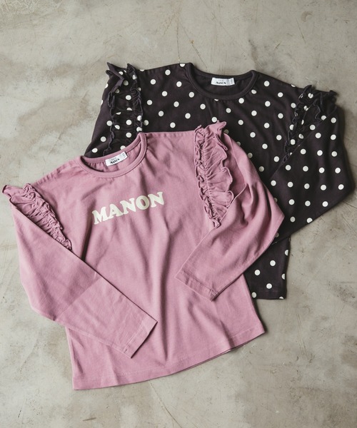 pairmanon（ペアマノン）の「【プレミアムコットン100】総柄プリント袖フリルガールズ長袖Tシャツ２点セット（Tシャツ/カットソー・キッズ・グレイッシュベージュ/モカ/ラベンダー/ピンク・120/100/110/90/130/140/150）」の3枚目の写真