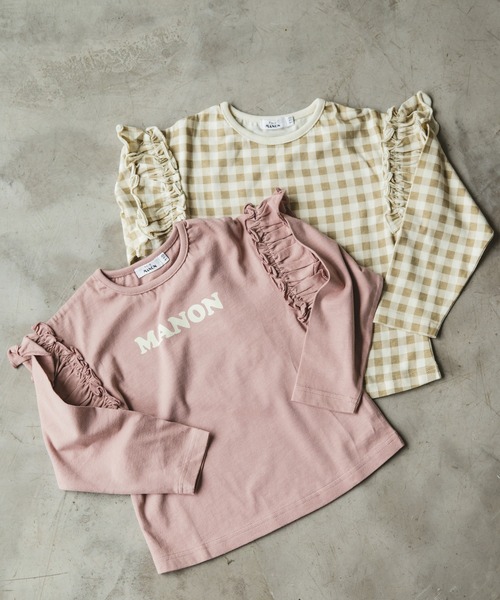 pairmanon（ペアマノン）の「【プレミアムコットン100】総柄プリント袖フリルガールズ長袖Tシャツ２点セット（Tシャツ/カットソー・キッズ・グレイッシュベージュ/モカ/ラベンダー/ピンク・120/100/110/90/130/140/150）」の4枚目の写真