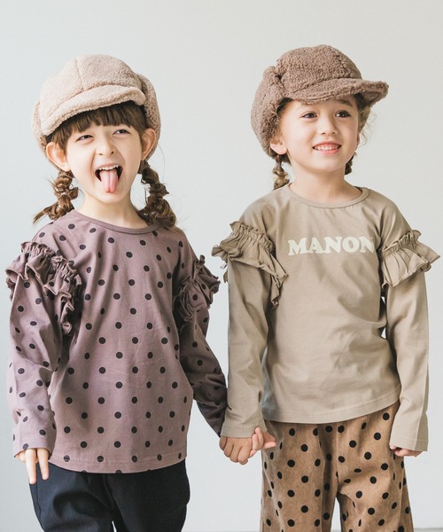 pairmanon（ペアマノン）の「【プレミアムコットン100】総柄プリント袖フリルガールズ長袖Tシャツ２点セット（Tシャツ/カットソー・キッズ・グレイッシュベージュ/モカ/ラベンダー/ピンク・120/100/110/90/130/140/150）」の2枚目の写真