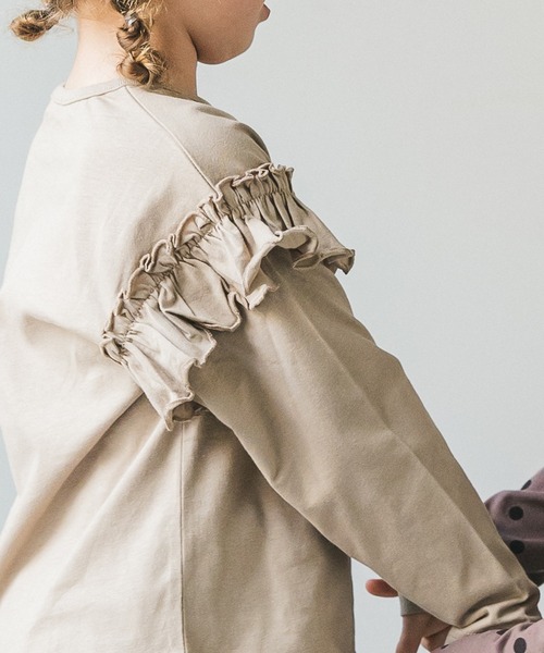 pairmanon（ペアマノン）の「【プレミアムコットン100】総柄プリント袖フリルガールズ長袖Tシャツ２点セット（Tシャツ/カットソー・キッズ・グレイッシュベージュ/モカ/ラベンダー/ピンク・120/100/110/90/130/140/150）」の10枚目の写真