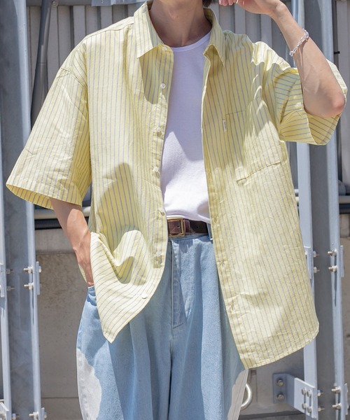 Perushu（ペルーシュ）の「サマーストライプルーズシャツ（シャツ/ブラウス・メンズ・ライトブルー/イエロー/ライトグリーン/ライトピンク・MEDIUM/LARGE）」の3枚目の写真