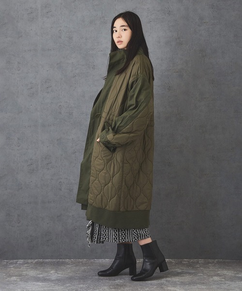 TOBILA（トビラ）の「ナイロン中綿キルトミリタリーコートユニセックス（ミリタリージャケット・レディース・カーキ/ブラック・M）」の10枚目の写真