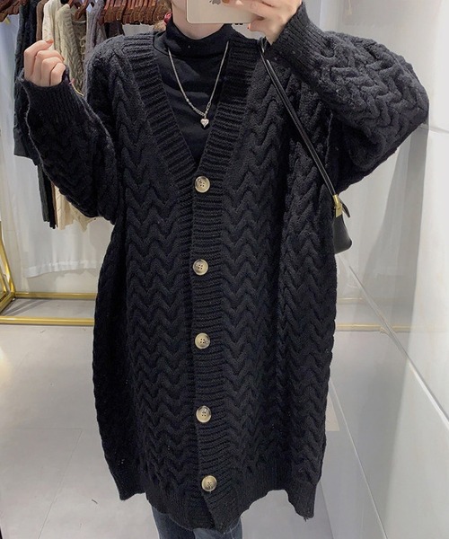 MAISON DE THERESE(メゾン ド テレーズ)の「厚手の復古風麻編みVネックカーディガン(カーディガン/ボレロ・レディース・ブラック/ベージュ/ブラウン/グレー・FREE)」の1枚目の写真