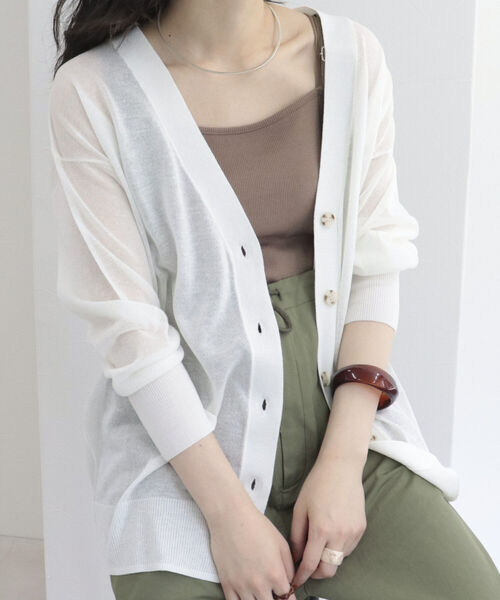 fredy emue(フレディエミュ)の「シアーVネックカーディガン(カーディガン/ボレロ・レディース・ライトグレー/オフホワイト/ピンク・38)」の2枚目の写真