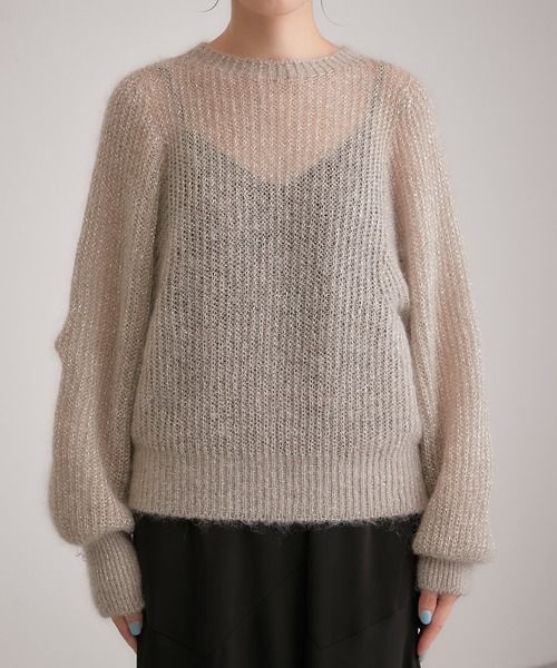 COLLAGE GALLARDAGALANTE(コラージュガリャルダガランテ)の「シアー感が女性らしさを演出/モヘアラメ透かし編みニット(ニット/セーター・レディース・グレイッシュベージュ/ブラック/パープル・FREE)」の14枚目の写真