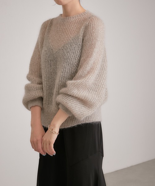 COLLAGE GALLARDAGALANTE(コラージュガリャルダガランテ)の「シアー感が女性らしさを演出/モヘアラメ透かし編みニット(ニット/セーター・レディース・グレイッシュベージュ/ブラック/パープル・FREE)」の12枚目の写真