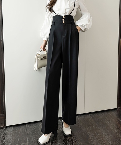 Grandeir（グランディール）の「ハイウエストワイドサロペット（サロペット/オーバーオール・レディース・ブラック/モカ・M）」の2枚目の写真