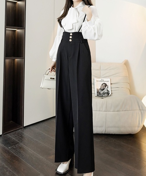 Grandeir（グランディール）の「ハイウエストワイドサロペット（サロペット/オーバーオール・レディース・ブラック/モカ・M）」の4枚目の写真