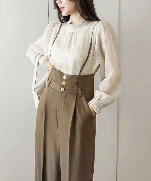 Grandeir（グランディール）の「ハイウエストワイドサロペット（サロペット/オーバーオール・レディース・ブラック/モカ・M）」の7枚目の写真