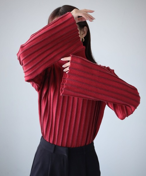 cheriella（シェリエラ）の「【cheriella】WEB限定ストライプベルスリーブタートルネックニット（ニット/セーター・レディース・ワインレッド/グリーン/アイボリー/ブラック・M）」の11枚目の写真