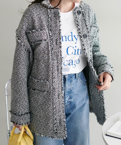 DISCOAT（ディスコート）の「ツイードジャケット（ノーカラージャケット・レディース・オフホワイト/ブラック・FREE）」の8枚目の写真