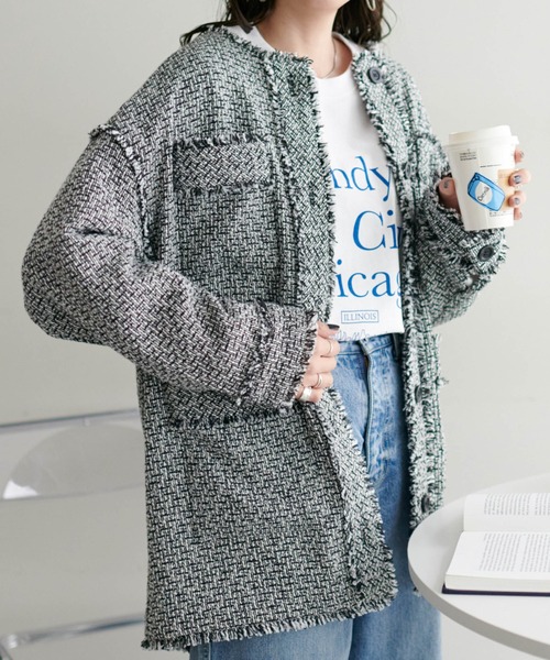 DISCOAT（ディスコート）の「ツイードジャケット（ノーカラージャケット・レディース・オフホワイト/ブラック・FREE）」の9枚目の写真