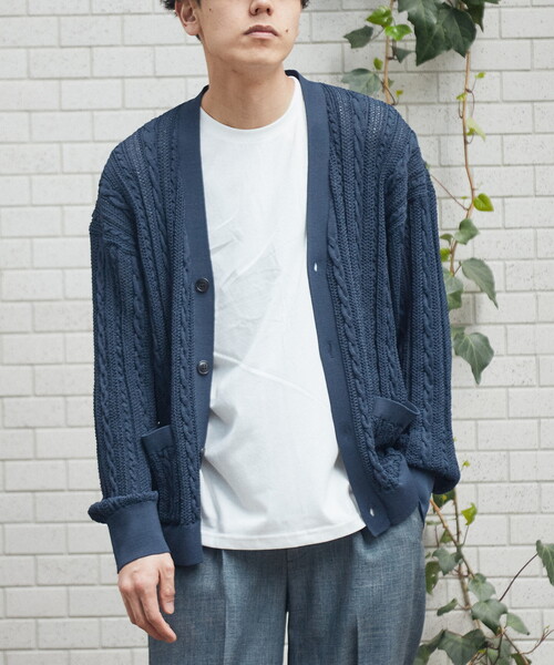 B.C STOCK(ベーセーストック)の「【洗えるニット】COTTON LIKE 透かし編み メッシュニットカーディガン(カーディガン/ボレロ・メンズ・モスグリーン/ホワイト/ネイビー・MEDIUM/LARGE)」の3枚目の写真