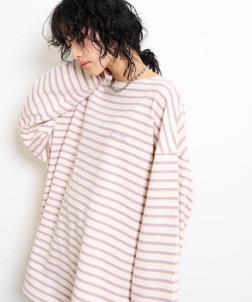 THE YOn（ザヨン）の「胸ロゴ刺繍ルーズフィットロングスリーブバスクシャツ（Tシャツ/カットソー・レディース・グリーン/ラベンダー/オレンジ/ホワイト×ブラック・FREE）」の4枚目の写真