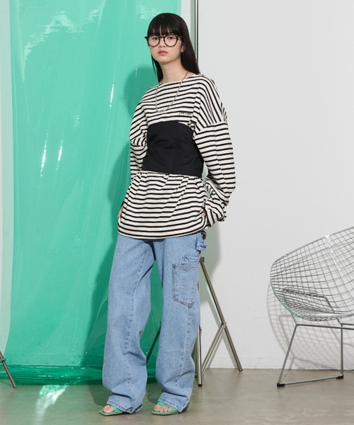 THE YOn（ザヨン）の「胸ロゴ刺繍ルーズフィットロングスリーブバスクシャツ（Tシャツ/カットソー・レディース・グリーン/ラベンダー/オレンジ/ホワイト×ブラック・FREE）」の19枚目の写真