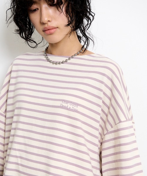 THE YOn（ザヨン）の「胸ロゴ刺繍ルーズフィットロングスリーブバスクシャツ（Tシャツ/カットソー・レディース・グリーン/ラベンダー/オレンジ/ホワイト×ブラック・FREE）」の10枚目の写真