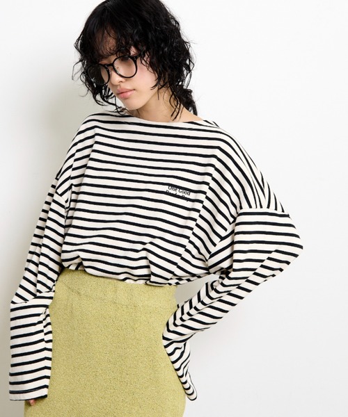 THE YOn（ザヨン）の「胸ロゴ刺繍ルーズフィットロングスリーブバスクシャツ（Tシャツ/カットソー・レディース・グリーン/ラベンダー/オレンジ/ホワイト×ブラック・FREE）」の6枚目の写真