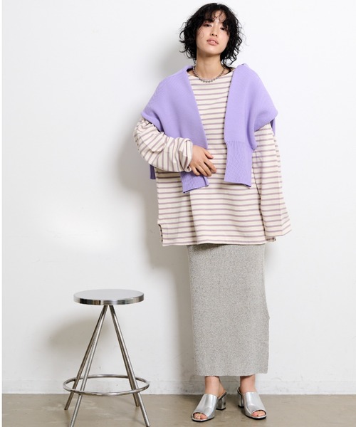 THE YOn（ザヨン）の「胸ロゴ刺繍ルーズフィットロングスリーブバスクシャツ（Tシャツ/カットソー・レディース・グリーン/ラベンダー/オレンジ/ホワイト×ブラック・FREE）」の8枚目の写真