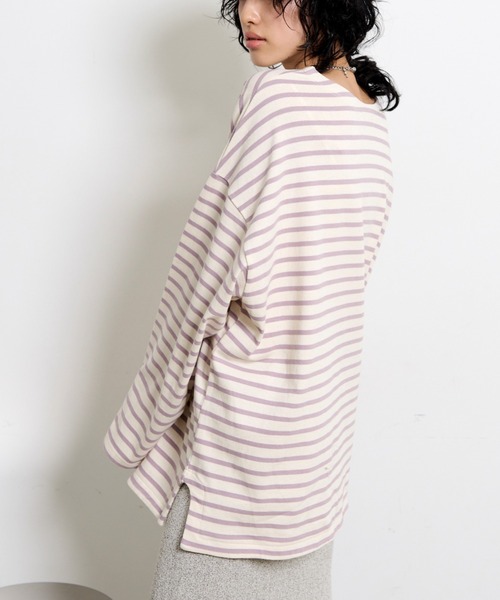 THE YOn（ザヨン）の「胸ロゴ刺繍ルーズフィットロングスリーブバスクシャツ（Tシャツ/カットソー・レディース・グリーン/ラベンダー/オレンジ/ホワイト×ブラック・FREE）」の11枚目の写真