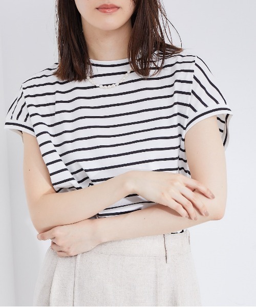 ROPE'（ロペ）の「【新色追加】【洗える】アームレットキャップスリーブTシャツ（Tシャツ/カットソー・レディース・ホワイト/クリーム/ブルー系その他5/ホワイト系その他2/ブラック/カーキ/ブラック系その他/ベージュ・38）」の3枚目の写真