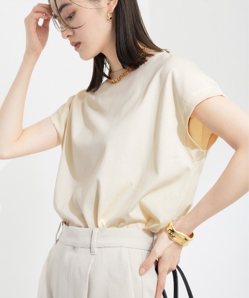 ROPE'（ロペ）の「【新色追加】【洗える】アームレットキャップスリーブTシャツ（Tシャツ/カットソー・レディース・ホワイト/クリーム/ブルー系その他5/ホワイト系その他2/ブラック/カーキ/ブラック系その他/ベージュ・38）」の6枚目の写真