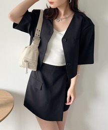 【2点セット】ショート丈ジャケット+巻きミニスカート セットアップ