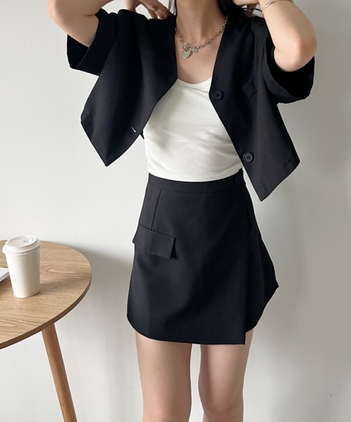 CLEA（クレア）の「【2点セット】ショート丈ジャケット+巻きミニスカート セットアップ（セットアップ・レディース・ピンク/ブラック/グレー・M/L）」の7枚目の写真