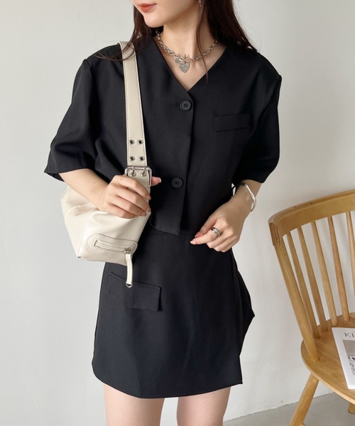 CLEA（クレア）の「【2点セット】ショート丈ジャケット+巻きミニスカート セットアップ（セットアップ・レディース・ピンク/ブラック/グレー・M/L）」の9枚目の写真