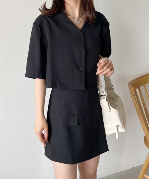 CLEA（クレア）の「【2点セット】ショート丈ジャケット+巻きミニスカート セットアップ（セットアップ・レディース・ピンク/ブラック/グレー・M/L）」の10枚目の写真