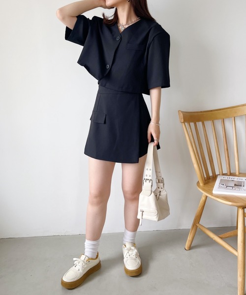 CLEA（クレア）の「【2点セット】ショート丈ジャケット+巻きミニスカート セットアップ（セットアップ・レディース・ピンク/ブラック/グレー・M/L）」の13枚目の写真