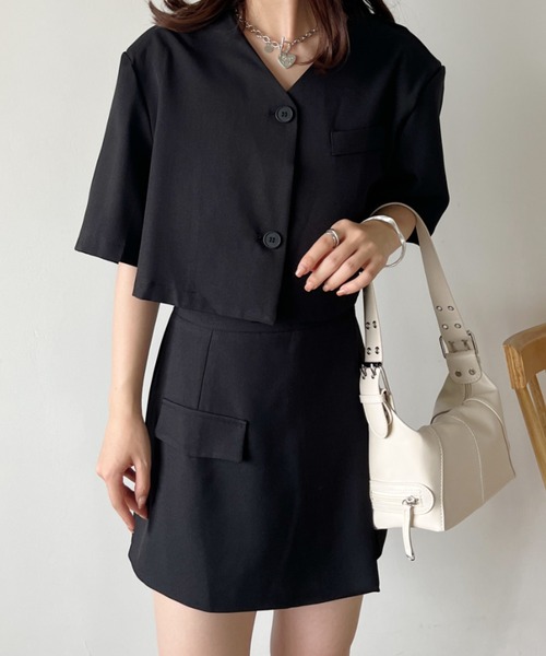 CLEA（クレア）の「【2点セット】ショート丈ジャケット+巻きミニスカート セットアップ（セットアップ・レディース・ピンク/ブラック/グレー・M/L）」の8枚目の写真