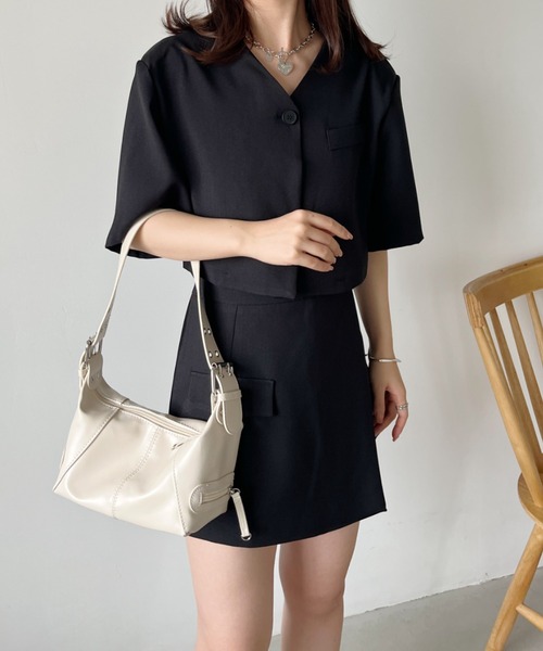 CLEA（クレア）の「【2点セット】ショート丈ジャケット+巻きミニスカート セットアップ（セットアップ・レディース・ピンク/ブラック/グレー・M/L）」の11枚目の写真