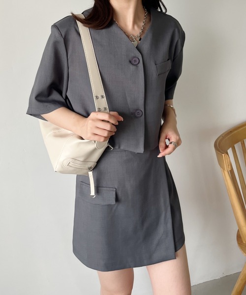 CLEA（クレア）の「【2点セット】ショート丈ジャケット+巻きミニスカート セットアップ（セットアップ・レディース・ピンク/ブラック/グレー・M/L）」の15枚目の写真