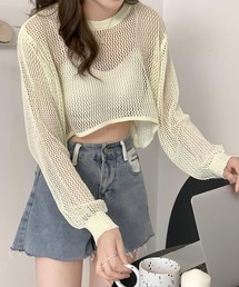 クロップドメッシュニットプルオーバー