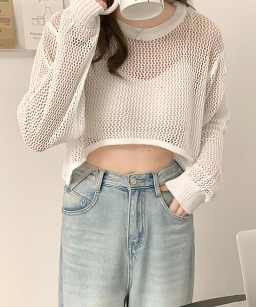 Girly Doll（ガーリードール）の「クロップドメッシュニットプルオーバー（ニット/セーター・レディース・ベージュ/ホワイト/ピンク/ブラック・F）」の2枚目の写真