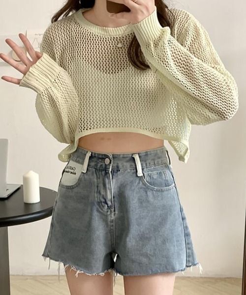 Girly Doll（ガーリードール）の「クロップドメッシュニットプルオーバー（ニット/セーター・レディース・ベージュ/ホワイト/ピンク/ブラック・F）」の9枚目の写真