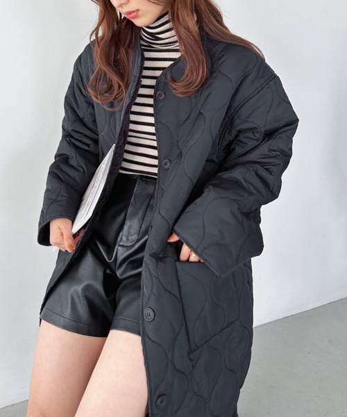 セール】キルティングノーカラーロングコート（ノーカラーコート