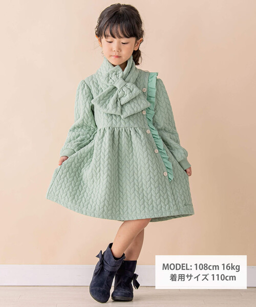 Noeil aime BeBe（ノイユエイムベベ）の「ケーブルジャガードマフラー付ワンピース(80~130cm)（ワンピース・キッズ・グリーン/ピンク・110cm/130cm/120cm/100cm/90cm/80ｃｍ）」の4枚目の写真