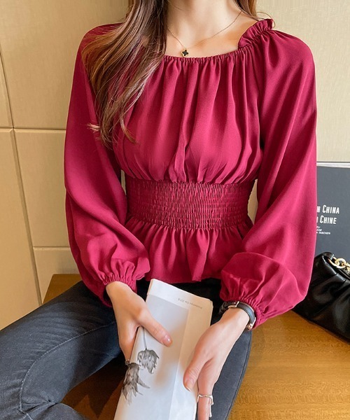 COCOMOMO(ココモモ)の「シャーリングペプラムブラウス 2wayトップス(シャツ/ブラウス・レディース・ブルー/ホワイト/ワイン/ブラック・FREE)」の15枚目の写真