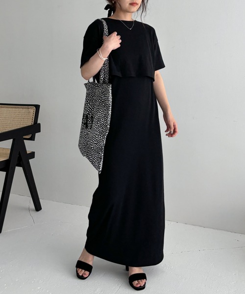 EPIMI E'PIMMY(エピミエピミー)の「【マルチウェイ】テレコキャミワンピ/半袖トップスSET(ワンピース・レディース・チャコールグレー/ホワイト×ブラック/ブラック・MEDIUM)」の2枚目の写真