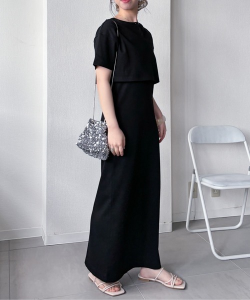 EPIMI E'PIMMY(エピミエピミー)の「【マルチウェイ】テレコキャミワンピ/半袖トップスSET(ワンピース・レディース・チャコールグレー/ホワイト×ブラック/ブラック・MEDIUM)」の5枚目の写真