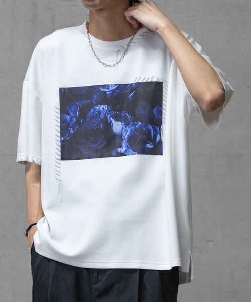 JOHN'S CLOSET（ジョンズクローゼット）の「【i】ダンボールニット フェイクレイヤード/ハンドステッチ BIG TEE（Tシャツ/カットソー・メンズ・チャコールグレー/ベージュ/サックスブルー系1/サックスブルー系2/ブラック系2/ブラック系3/ホワイト系3/ブラック系1/ホワイト系1/ホワイト系2・MEDIUM/LARGE/X-LARGE）」の2枚目の写真