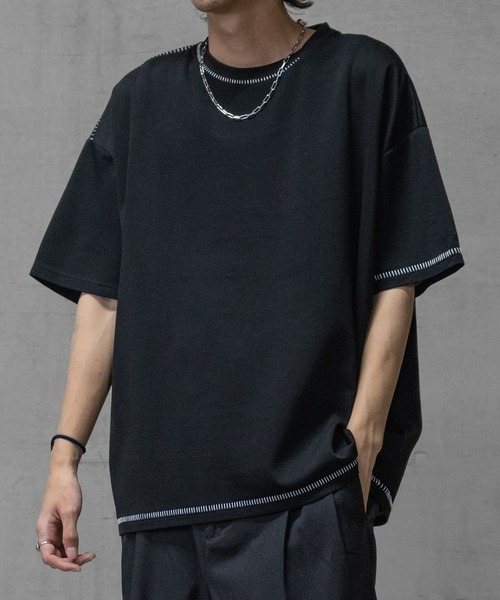 JOHN'S CLOSET（ジョンズクローゼット）の「【i】ダンボールニット フェイクレイヤード/ハンドステッチ BIG TEE（Tシャツ/カットソー・メンズ・チャコールグレー/ベージュ/サックスブルー系1/サックスブルー系2/ブラック系2/ブラック系3/ホワイト系3/ブラック系1/ホワイト系1/ホワイト系2・MEDIUM/LARGE/X-LARGE）」の5枚目の写真