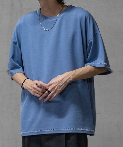JOHN'S CLOSET（ジョンズクローゼット）の「【i】ダンボールニット フェイクレイヤード/ハンドステッチ BIG TEE（Tシャツ/カットソー・メンズ・チャコールグレー/ベージュ/サックスブルー系1/サックスブルー系2/ブラック系2/ブラック系3/ホワイト系3/ブラック系1/ホワイト系1/ホワイト系2・MEDIUM/LARGE/X-LARGE）」の9枚目の写真