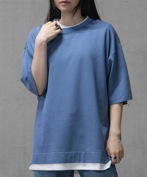 JOHN'S CLOSET（ジョンズクローゼット）の「【i】ダンボールニット フェイクレイヤード/ハンドステッチ BIG TEE（Tシャツ/カットソー・メンズ・チャコールグレー/ベージュ/サックスブルー系1/サックスブルー系2/ブラック系2/ブラック系3/ホワイト系3/ブラック系1/ホワイト系1/ホワイト系2・MEDIUM/LARGE/X-LARGE）」の10枚目の写真
