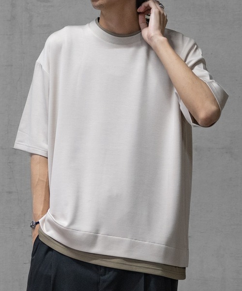 JOHN'S CLOSET（ジョンズクローゼット）の「【i】ダンボールニット フェイクレイヤード/ハンドステッチ BIG TEE（Tシャツ/カットソー・メンズ・チャコールグレー/ベージュ/サックスブルー系1/サックスブルー系2/ブラック系2/ブラック系3/ホワイト系3/ブラック系1/ホワイト系1/ホワイト系2・MEDIUM/LARGE/X-LARGE）」の8枚目の写真
