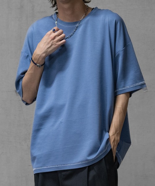 JOHN'S CLOSET（ジョンズクローゼット）の「【i】ダンボールニット フェイクレイヤード/ハンドステッチ BIG TEE（Tシャツ/カットソー・メンズ・チャコールグレー/ベージュ/サックスブルー系1/サックスブルー系2/ブラック系2/ブラック系3/ホワイト系3/ブラック系1/ホワイト系1/ホワイト系2・MEDIUM/LARGE/X-LARGE）」の21枚目の写真