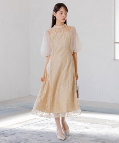 【小柄さんに人気】オーガンジーパフスリーブ フラワー刺繍レースドレス/結婚式/パーティー/クルージング/発表会