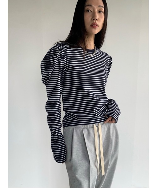 Didot.showroom（ディドット ショールーム）の「【DIDOT.】パフボーダーロンT（Tシャツ/カットソー・レディース・アイボリー/ネイビー/ベージュ/ミント・FREE）」の4枚目の写真
